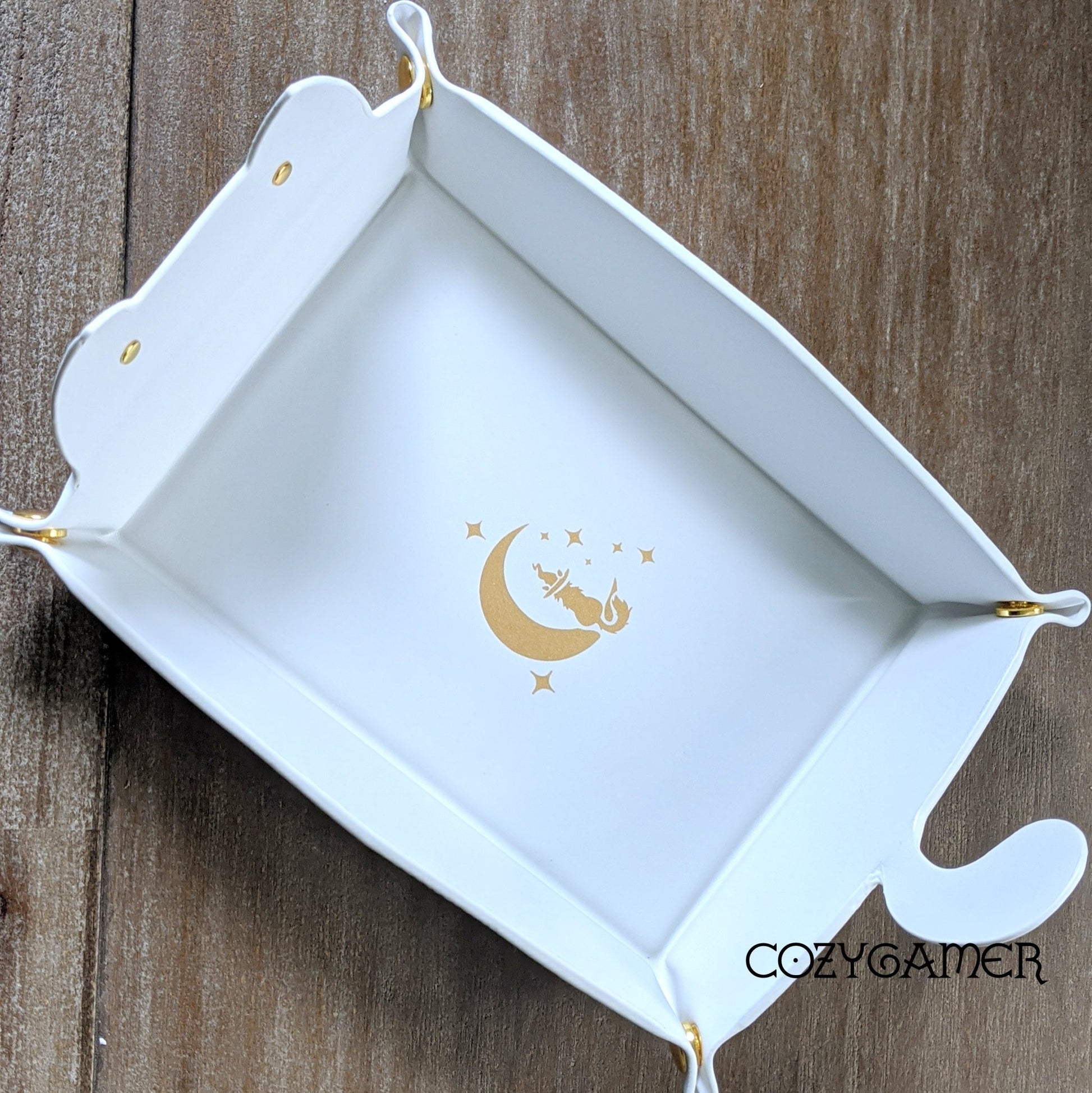 White Cat Dice Tray – Foldable PU Leather Rolling Tray for DnD | Fennek & Finch - Fennek and Finch