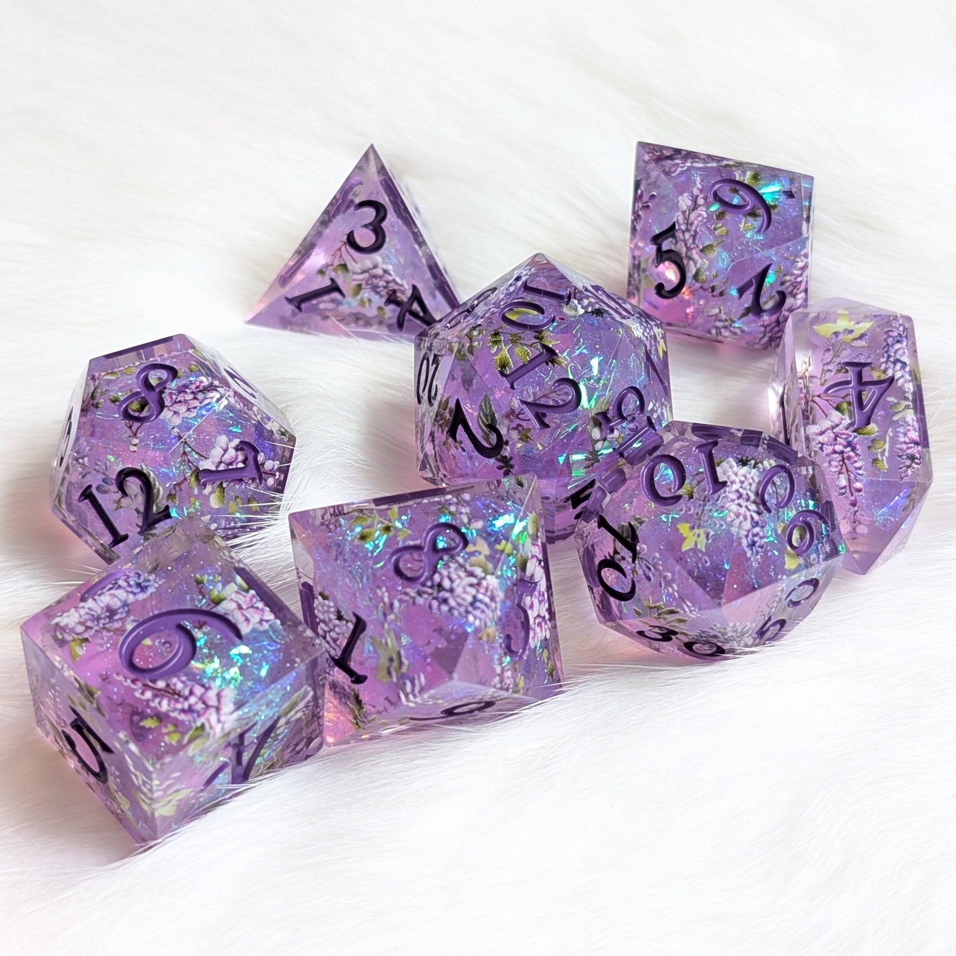 Wisteria Garden Dice Set – Sharp Edge Resin DnD Dice with Bonus Crystal D4 | Fennek & Finch - Fennek and Finch