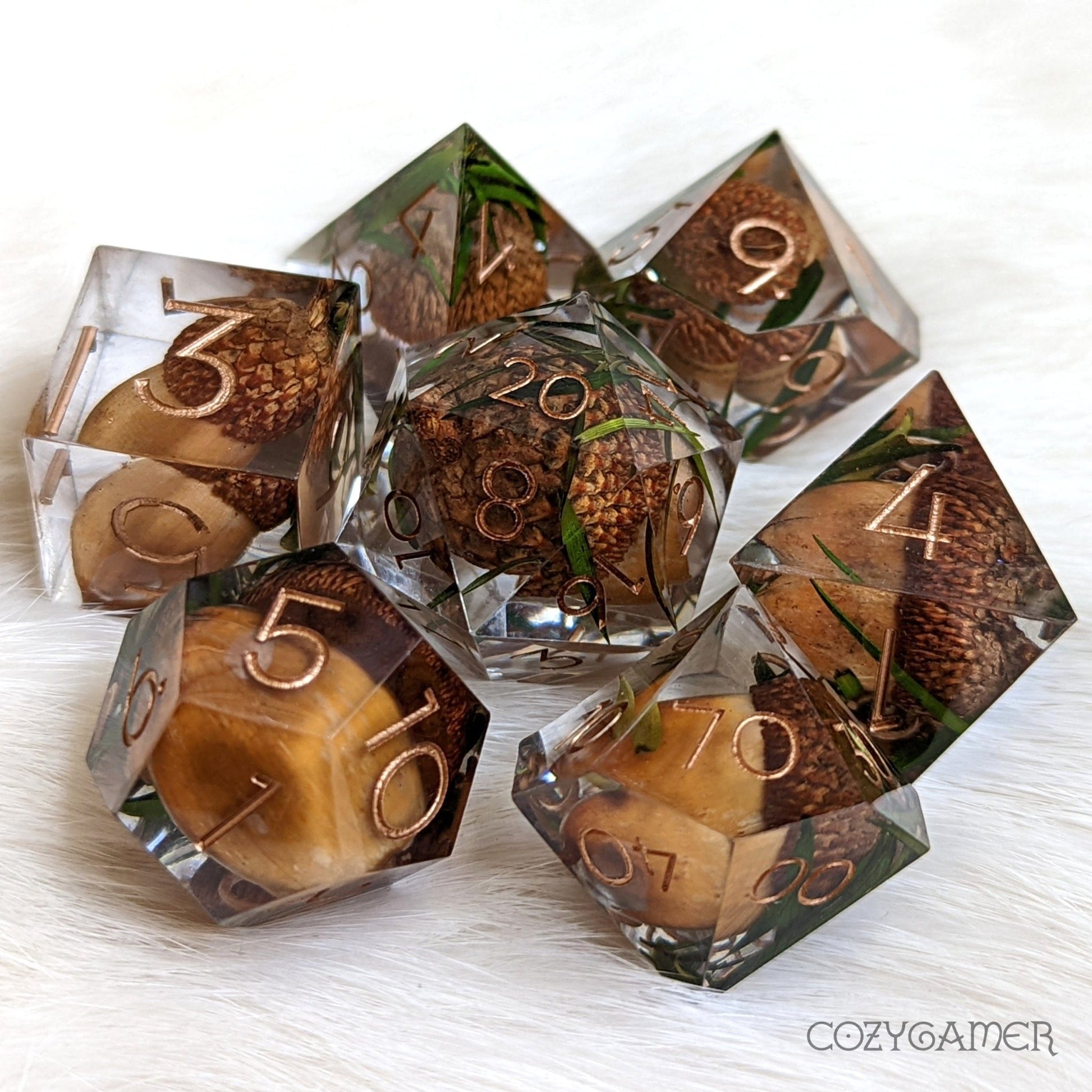 Acorn Sharp Edge Dice Set – 7 - Piece with Real Acorns | Fennek & Finch - Fennek and Finch