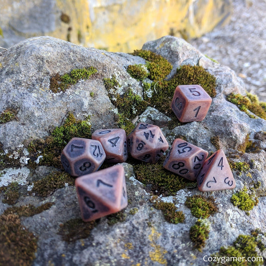 Aged Leather Dice Set – 7 - Piece Matte Brown Pastel Polished Resin DnD Dice - Fennek and Finch