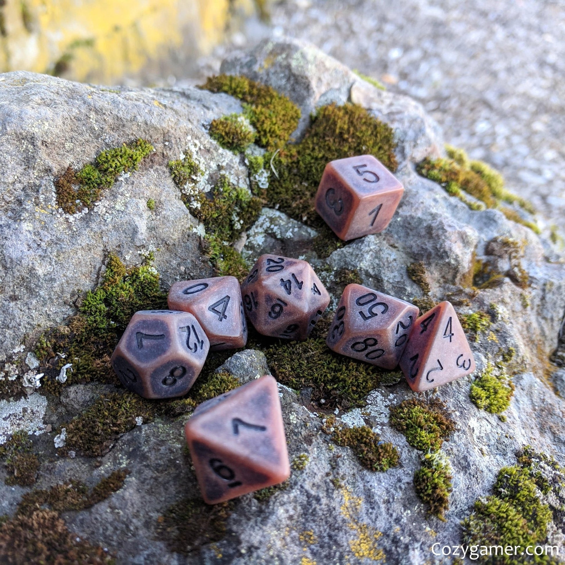 Aged Leather Dice Set – 7-Piece Matte Brown Pastel Polished Resin DnD Dice Dice sets Fennek and Finch