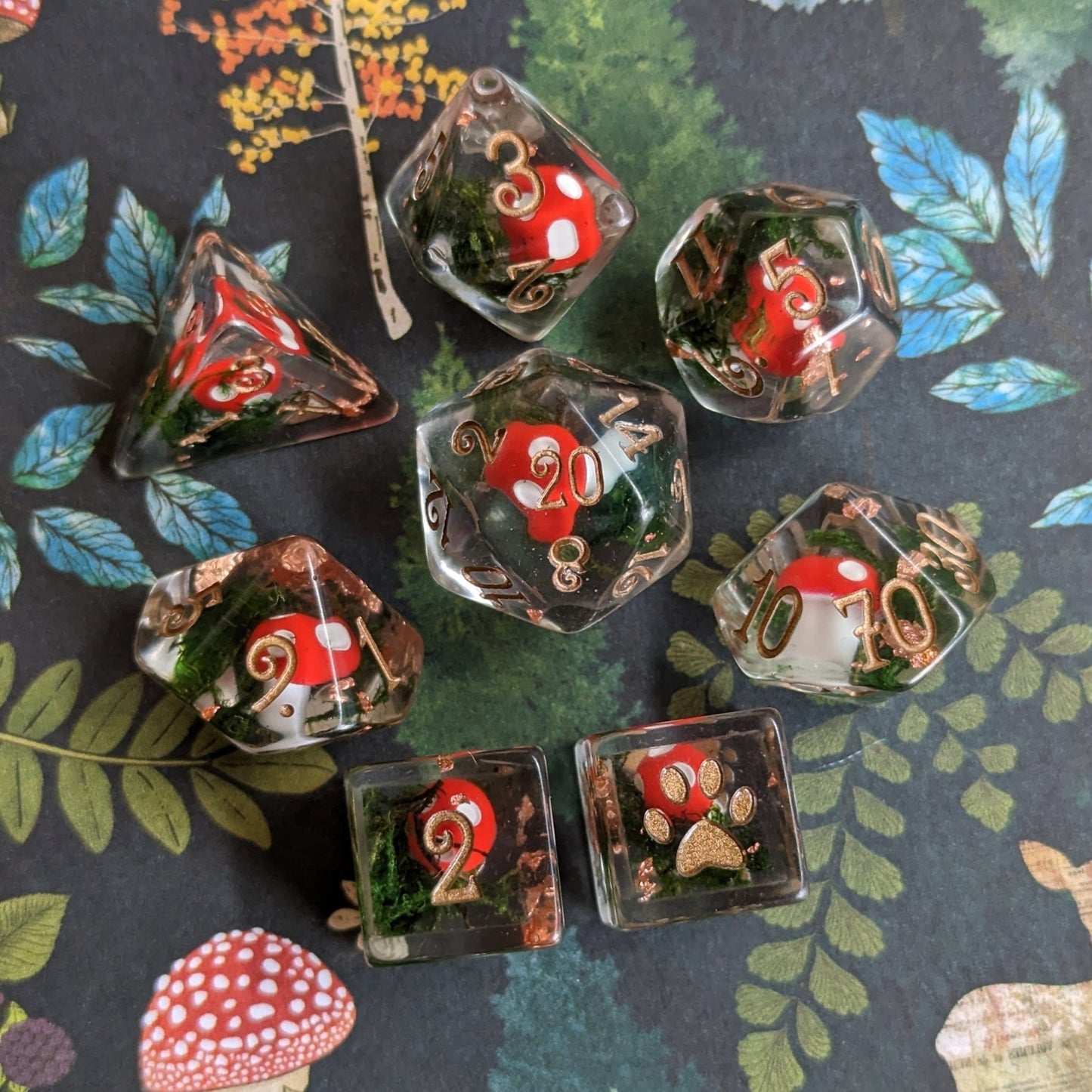 Amanita Mushrooms and Moss Dice Set – 8 - Piece Forest DnD Dice | Fennek & Finch - Fennek and Finch