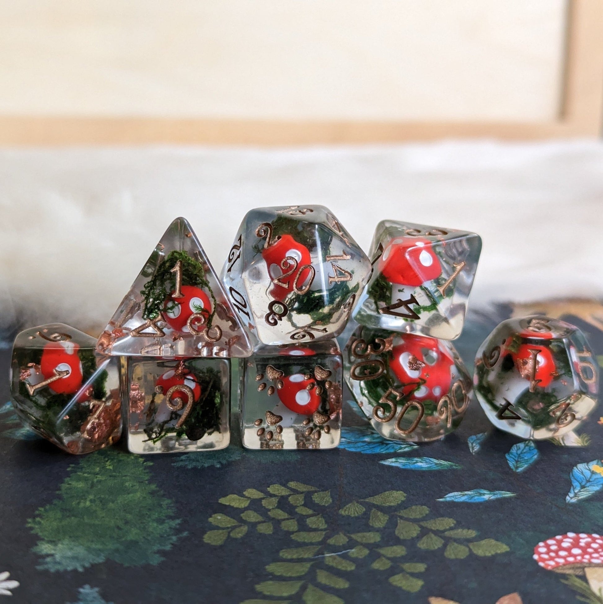 Amanita Mushrooms and Moss Dice Set – 8 - Piece Forest DnD Dice | Fennek & Finch - Fennek and Finch