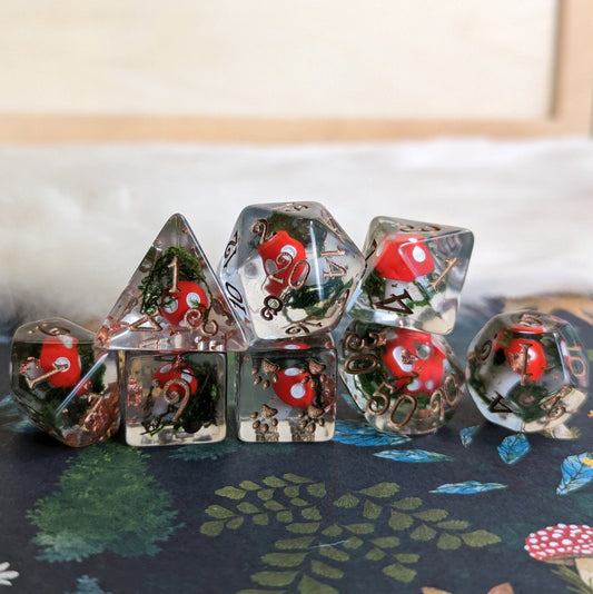 Amanita Mushrooms and Moss Dice Set – 8 - Piece Forest DnD Dice | Fennek & Finch - Fennek and Finch