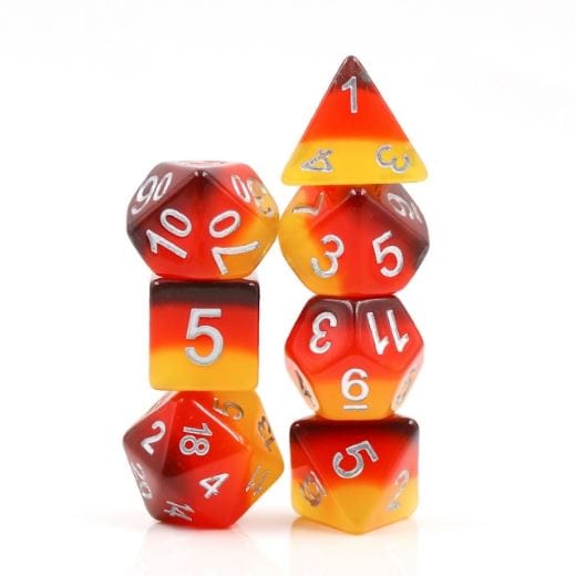Amber Dice Set – 7 - Piece Fire Ombre Yellow Red Resin DnD Dice - Fennek and Finch