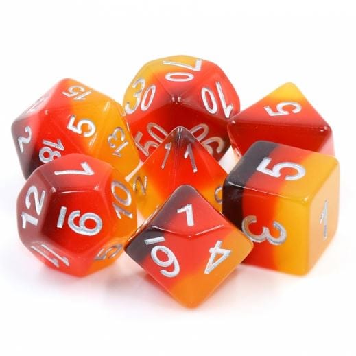 Amber Dice Set – 7 - Piece Fire Ombre Yellow Red Resin DnD Dice - Fennek and Finch