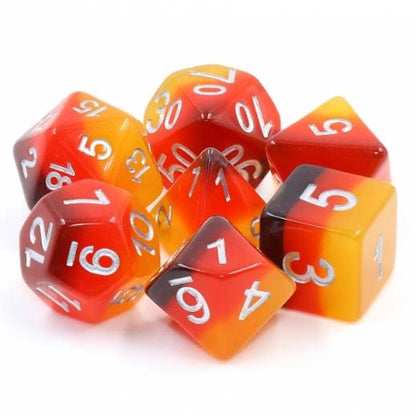 Amber Dice Set – 7 - Piece Fire Ombre Yellow Red Resin DnD Dice - Fennek and Finch