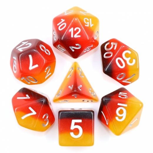 Amber Dice Set – 7 - Piece Fire Ombre Yellow Red Resin DnD Dice - Fennek and Finch