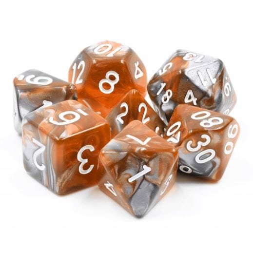 Amber Shard Dice Set – 7 - Piece Marbled Orange Yellow Acrylic DnD Dice - Fennek and Finch