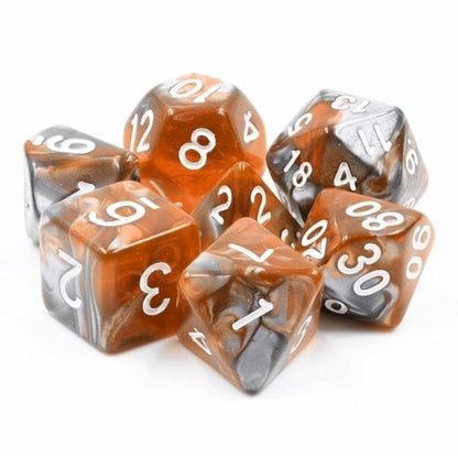 Amber Shard Dice Set – 7 - Piece Marbled Orange Yellow Acrylic DnD Dice - Fennek and Finch