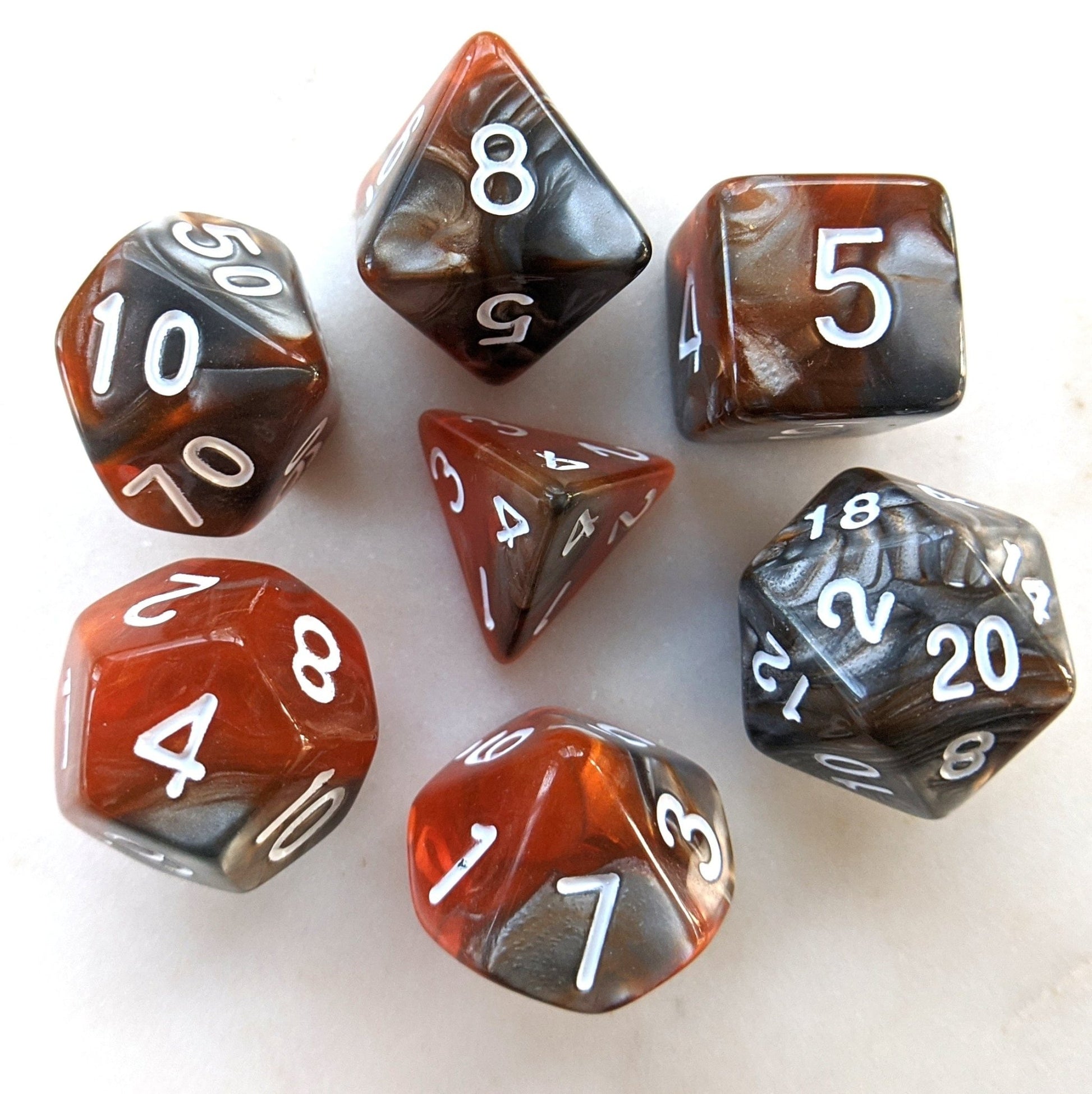 Amber Shard Dice Set – 7 - Piece Marbled Orange Yellow Acrylic DnD Dice - Fennek and Finch
