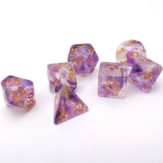 Amethyst Dice Set – 7 - Piece Translucent Purple Iridescent Blue Glitter DnD Dice - Fennek and Finch