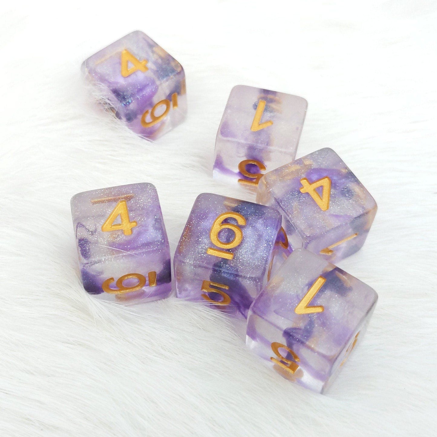 Amethyst Sparkles D6 Set – 6 Purple Shimmer Dice with Gold Font - Fennek and Finch