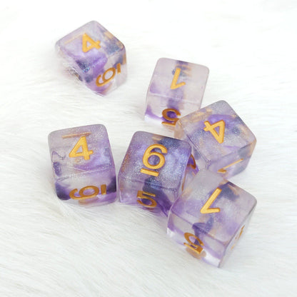 Amethyst Sparkles D6 Set – 6 Purple Shimmer Dice with Gold Font - Fennek and Finch
