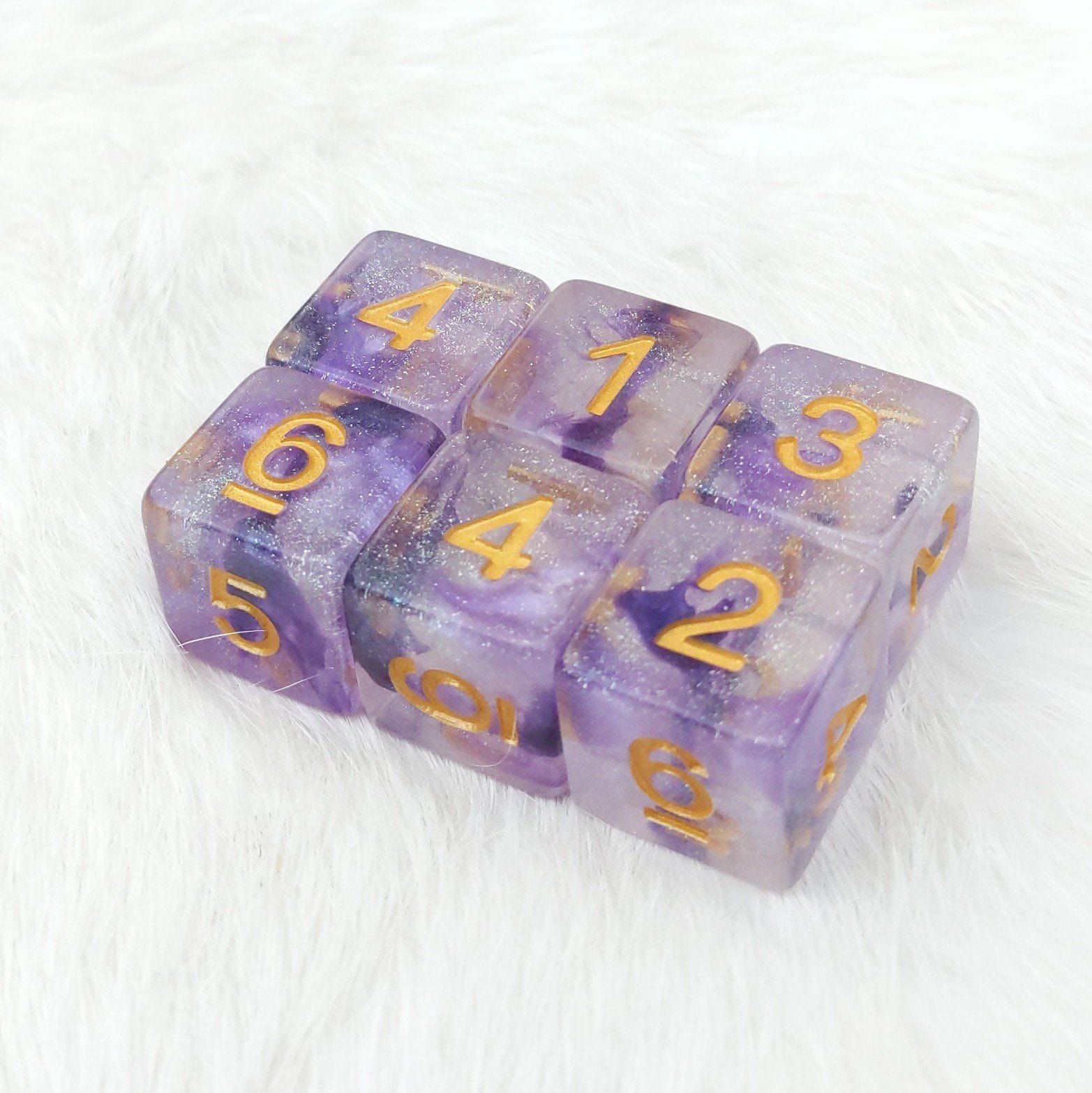 Amethyst Sparkles D6 Set – 6 Purple Shimmer Dice with Gold Font - Fennek and Finch