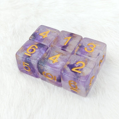 Amethyst Sparkles D6 Set – 6 Purple Shimmer Dice with Gold Font - Fennek and Finch