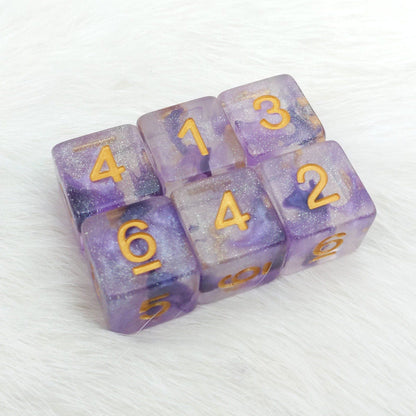 Amethyst Sparkles D6 Set – 6 Purple Shimmer Dice with Gold Font - Fennek and Finch