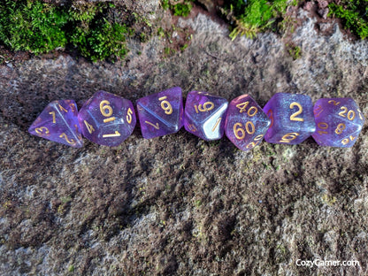 Amethyst Sparkles Dice Set – 7 - Piece Translucent Purple Iridescent Blue Glitter - Fennek and Finch