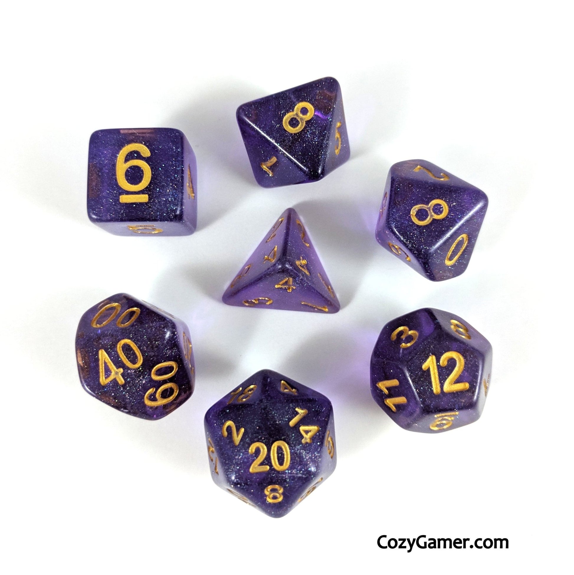 Amethyst Sparkles Dice Set – 7 - Piece Translucent Purple Iridescent Blue Glitter - Fennek and Finch
