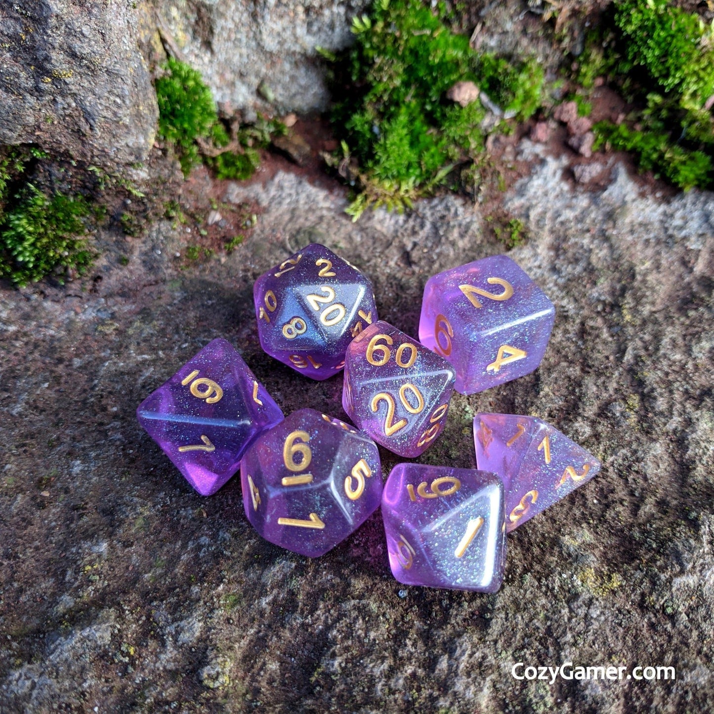 Amethyst Sparkles Dice Set – 7 - Piece Translucent Purple Iridescent Blue Glitter - Fennek and Finch