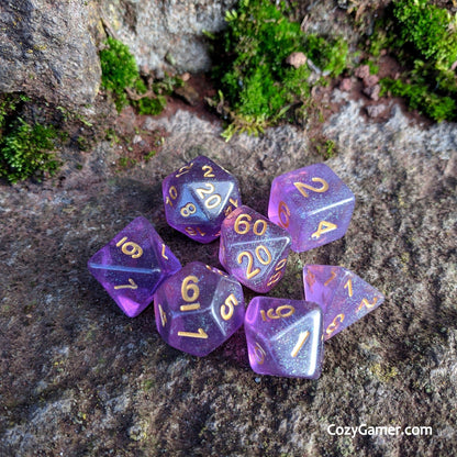 Amethyst Sparkles Dice Set – 7 - Piece Translucent Purple Iridescent Blue Glitter - Fennek and Finch
