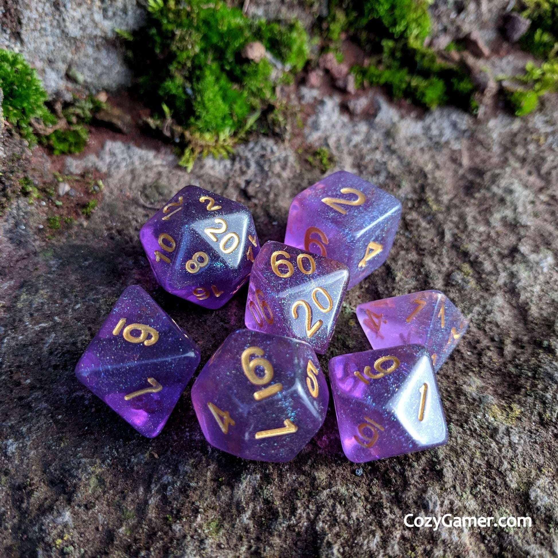 Amethyst Sparkles Dice Set – 7 - Piece Translucent Purple Iridescent Blue Glitter - Fennek and Finch