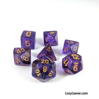 Amethyst Sparkles Dice Set – 7 - Piece Translucent Purple Iridescent Blue Glitter - Fennek and Finch