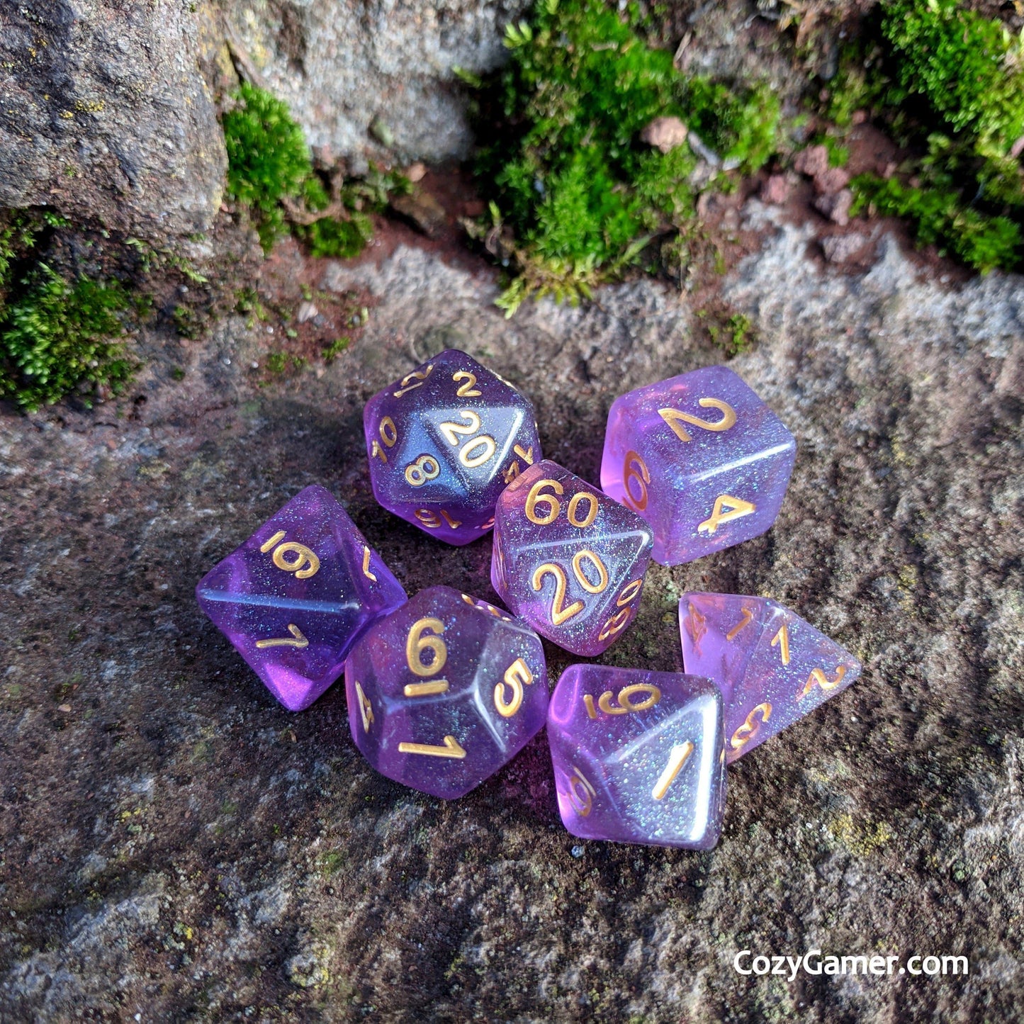 Amethyst Sparkles DnD Dice Set, Translucent Glitter Dice - CozyGamer