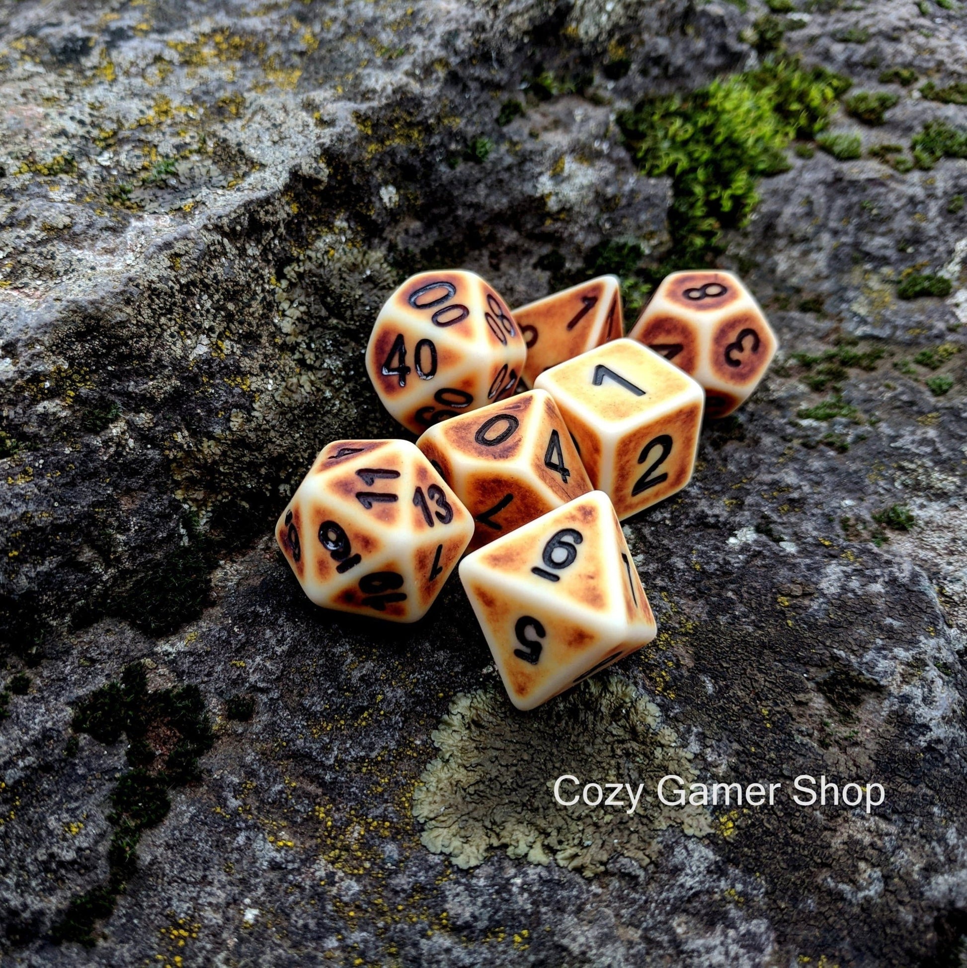 Ancient Bones Dice Set – Faux Bone Resin with Weathered Finish (7 - Piece) - Fennek and Finch