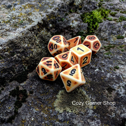 Ancient Bones Dice Set – Faux Bone Resin with Weathered Finish (7 - Piece) - Fennek and Finch