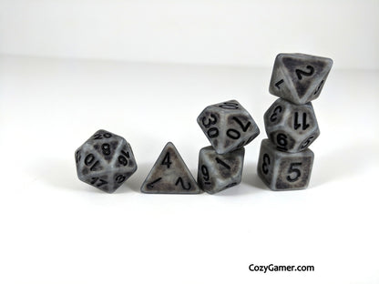 Ancient Gray DnD Dice Set, 7 piece polyhedral dice for tabletop RPGs, matte gray finish, perfect for Dungeons and Dragons gaming.