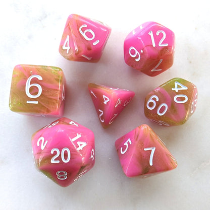Apple Taffy Dice Set – 7 - Piece Pink Green Candy DnD Dice for Bards & Druids - Fennek and Finch