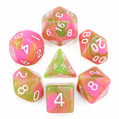 Apple Taffy Dice Set – 7 - Piece Pink Green Candy DnD Dice for Bards & Druids - Fennek and Finch
