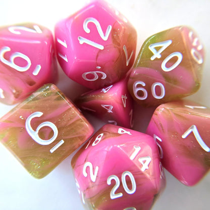 Apple Taffy Dice Set – 7 - Piece Pink Green Candy DnD Dice for Bards & Druids - Fennek and Finch