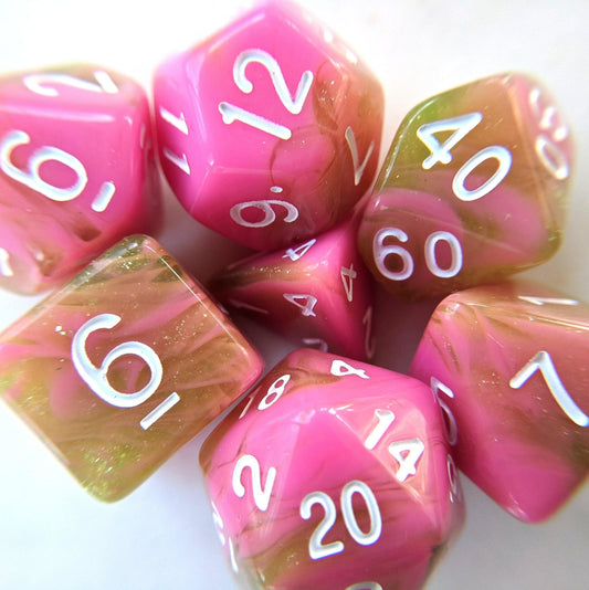 Apple Taffy Dice Set – 7 - Piece Pink Green Candy DnD Dice for Bards & Druids - Fennek and Finch