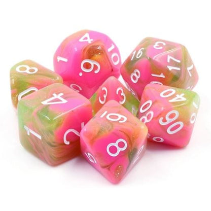 Apple Taffy Dice Set – 7 - Piece Pink Green Candy DnD Dice for Bards & Druids - Fennek and Finch