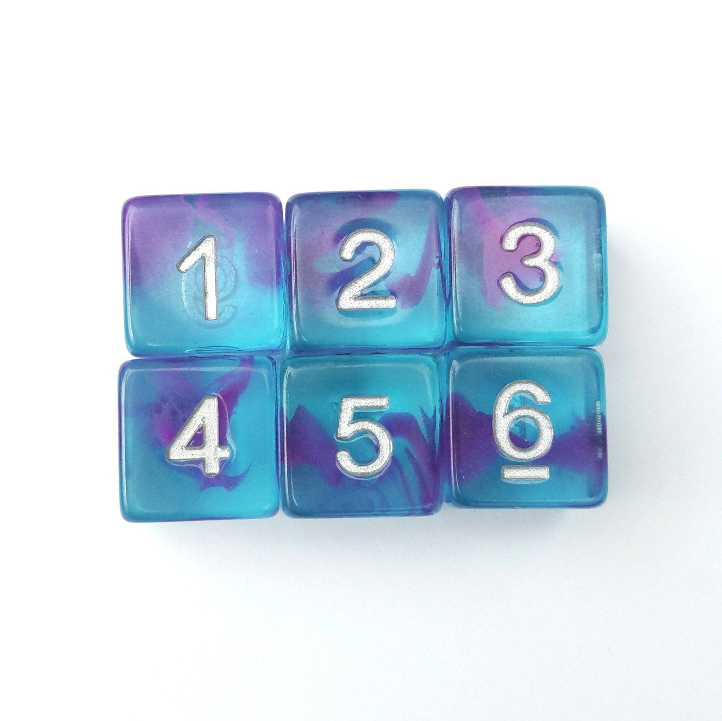 Aquarium Ribbon D6 Set – 6 Blue Purple Ocean Dice for DnD Warhammer TTRPG Dice Sets & Games Fennek and Finch