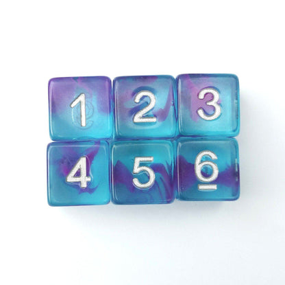 Aquarium Ribbon D6 Set – 6 Blue Purple Ocean Dice for DnD Warhammer TTRPG Dice Sets & Games Fennek and Finch
