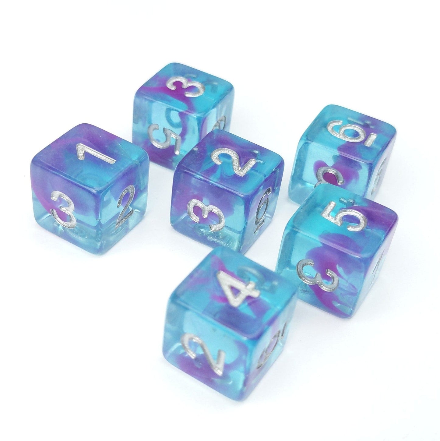 Aquarium Ribbon D6 Set – 6 Blue Purple Ocean Dice for DnD Warhammer TTRPG Dice Sets & Games Fennek and Finch