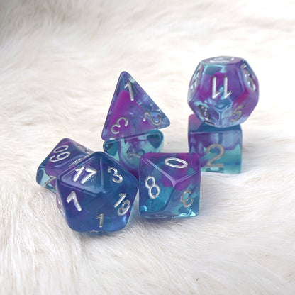 Aquarium Ribbon Dice Set – 7 - Piece Blue Purple Ocean DnD Dice for Water Genasi - Fennek and Finch