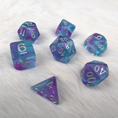 Aquarium Ribbon Dice Set – 7 - Piece Blue Purple Ocean DnD Dice for Water Genasi - Fennek and Finch