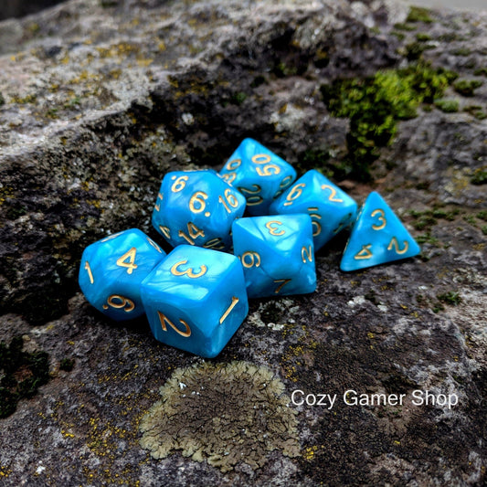 Aquatic Dice Set – Teal Blue Pearly Marble Acrylic Dice sets Fennek and Finch