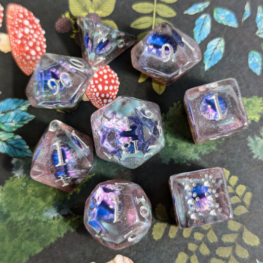Arcane Eye Dice Set – 8 - Piece Purple Eye DnD Dice for Wizards & Warlocks - Fennek and Finch