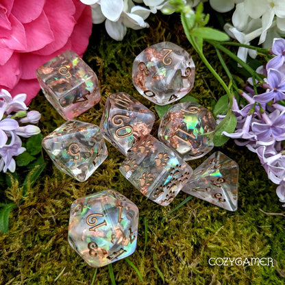 Arcanist's Magic Aura 8 Piece Dice Set. Clear Resin with Glitter and Foil