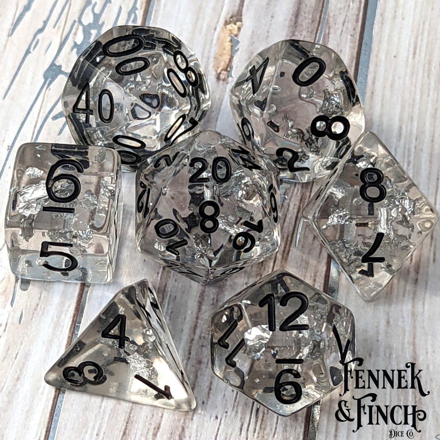 Argentum Dice Set – 7 - Piece Clear Resin Silver Foil DnD Dice - Fennek and Finch