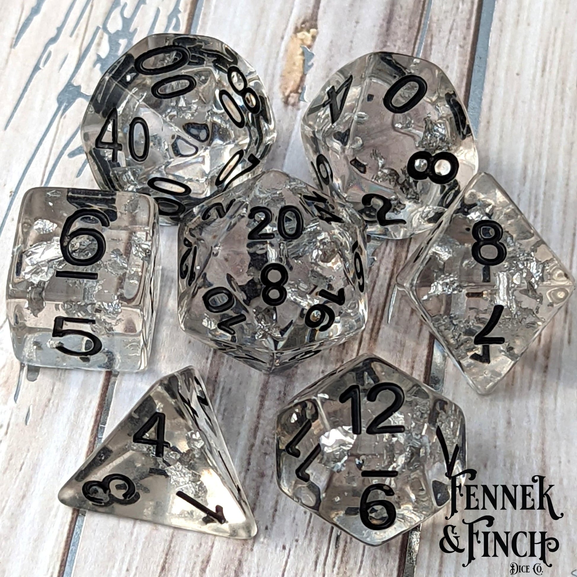 Argentum Dice Set – 7 - Piece Clear Resin Silver Foil DnD Dice - Fennek and Finch
