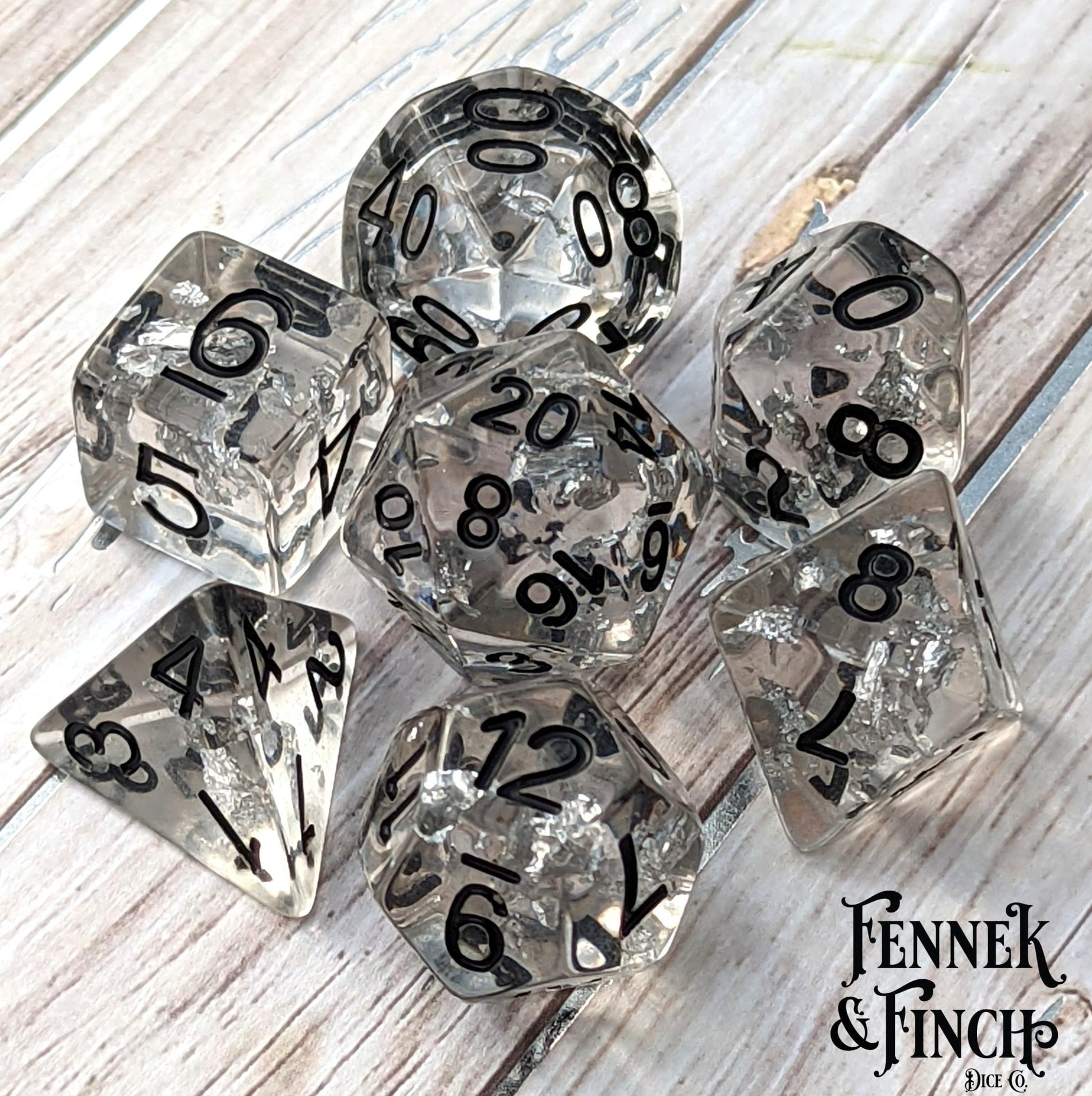 Argentum Dice Set – 7 - Piece Clear Resin Silver Foil DnD Dice - Fennek and Finch