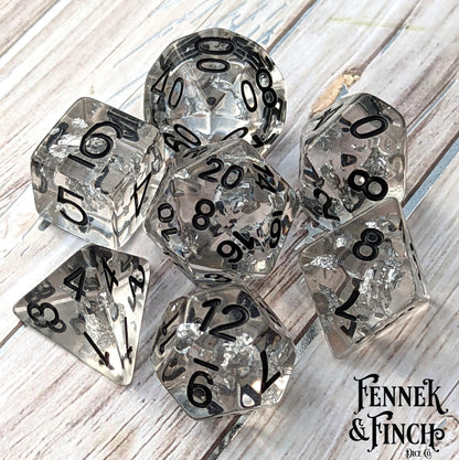 Argentum Dice Set – 7 - Piece Clear Resin Silver Foil DnD Dice - Fennek and Finch