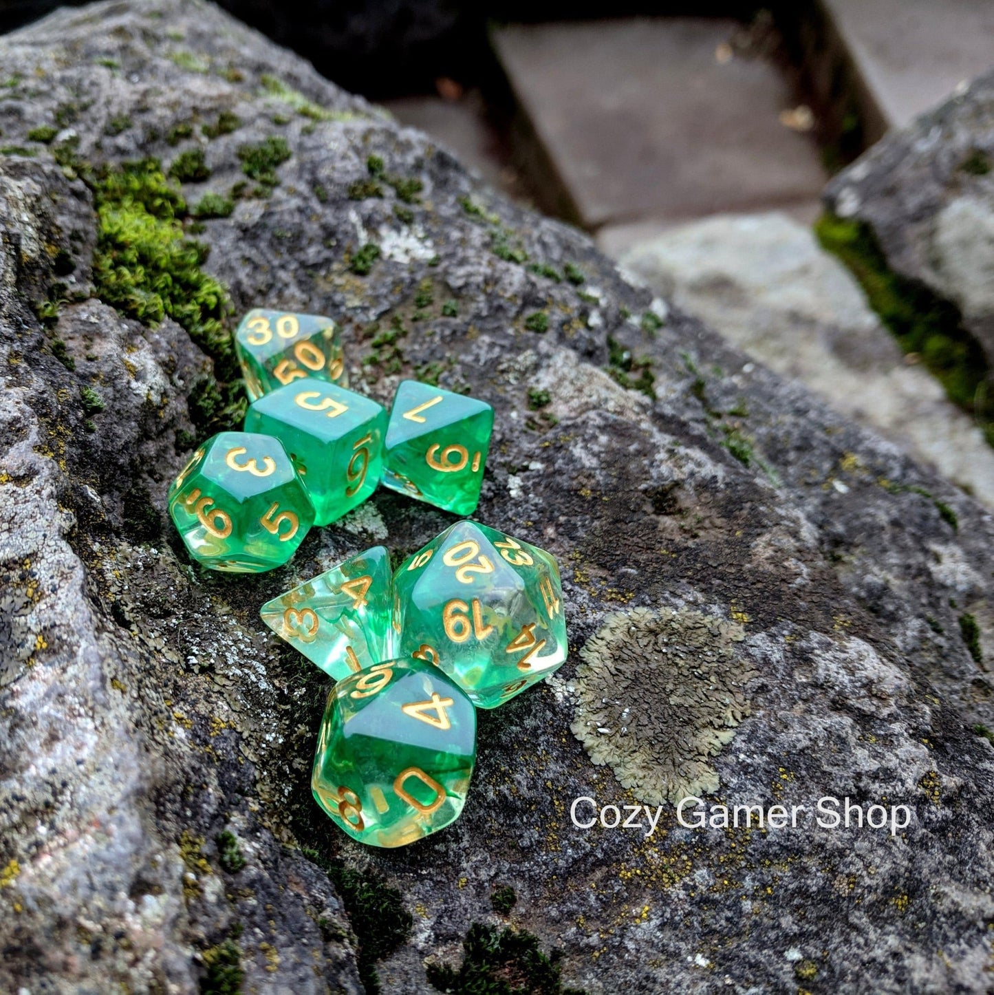 Arrow Shift Dice Set – 7 - Piece Clear Green Ink Suspended Acrylic DnD Dice - Fennek and Finch