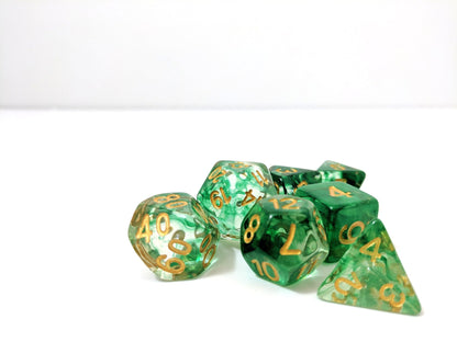 Arrow Shift Dice Set – 7 - Piece Clear Green Ink Suspended Acrylic DnD Dice - Fennek and Finch